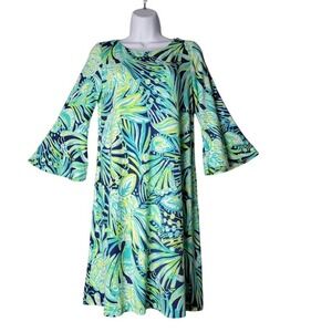 Lilly Pulitzer‎ Ophelia Dress Sm Bell Sleeve Rayon Spandex Green Blue Leaf Print